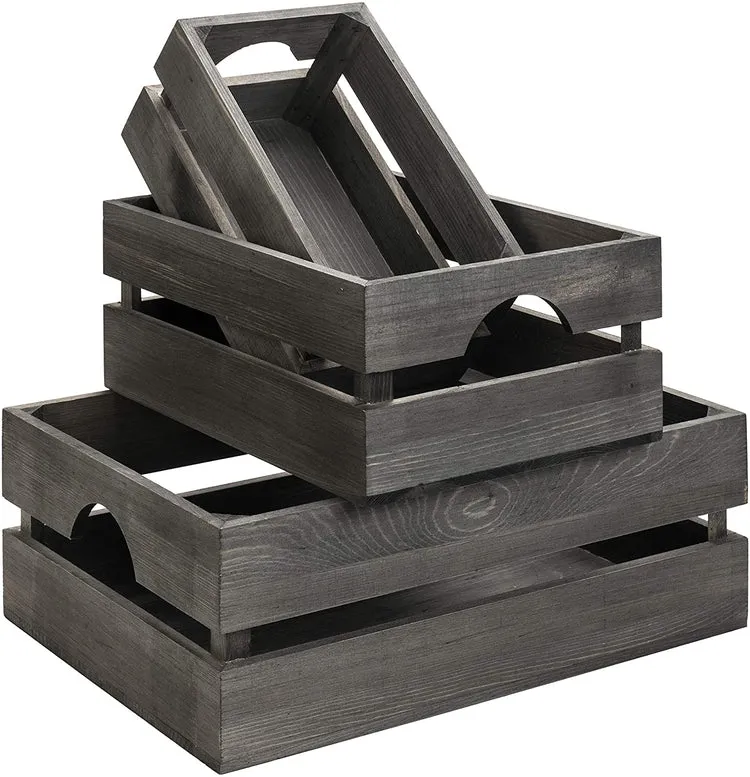 16 x 12 Inch Grey Wood Nesting Storage and Accent Crates, Set of 3