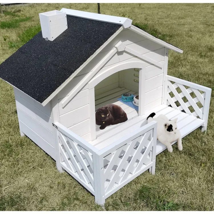 27" Tall Outdoor Raised Pet House with Porch - White