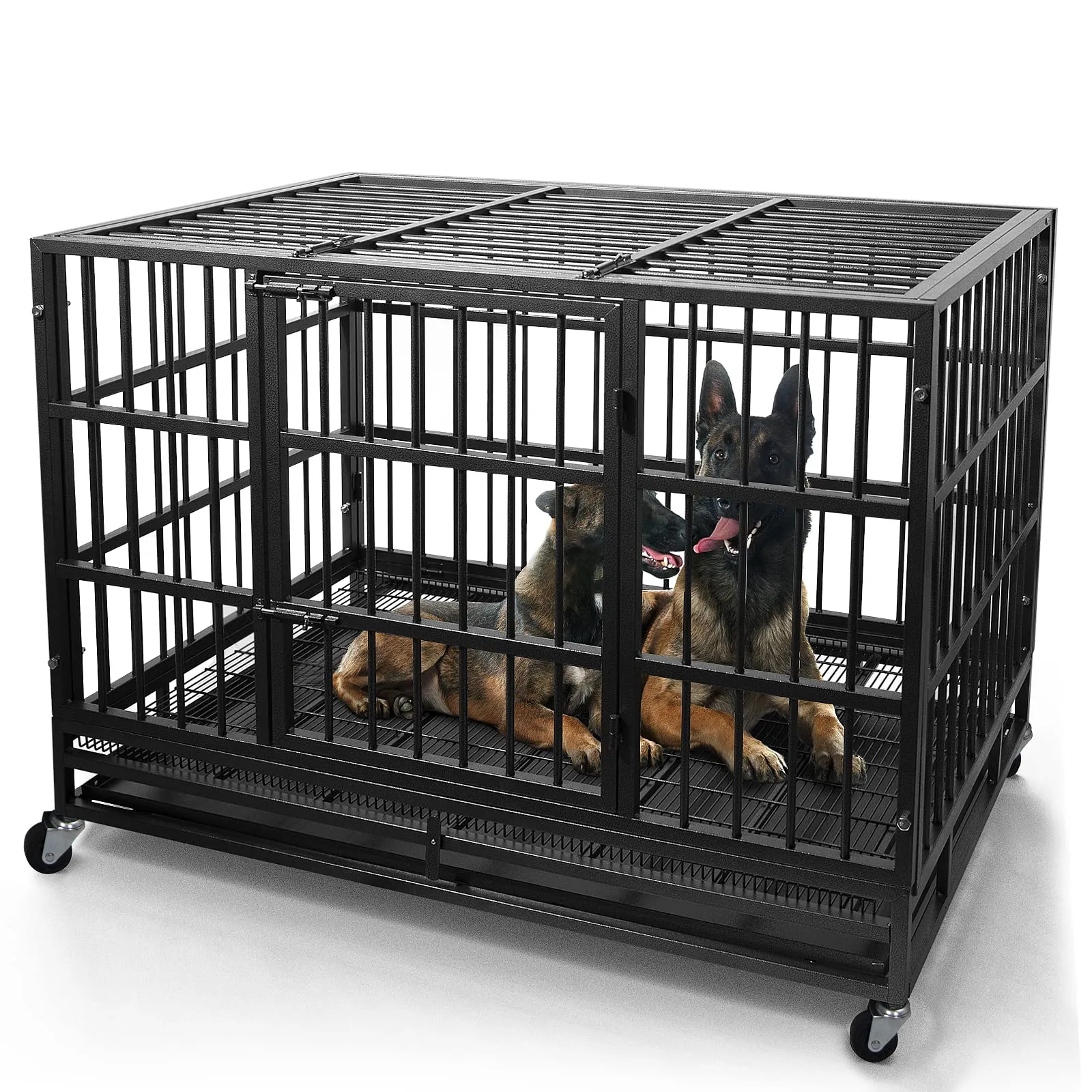 48/38 Inch Heavy Duty Dog Crate Cage Kennel with Wheels, High Anxiety Indestructible, Sturdy Locks Design