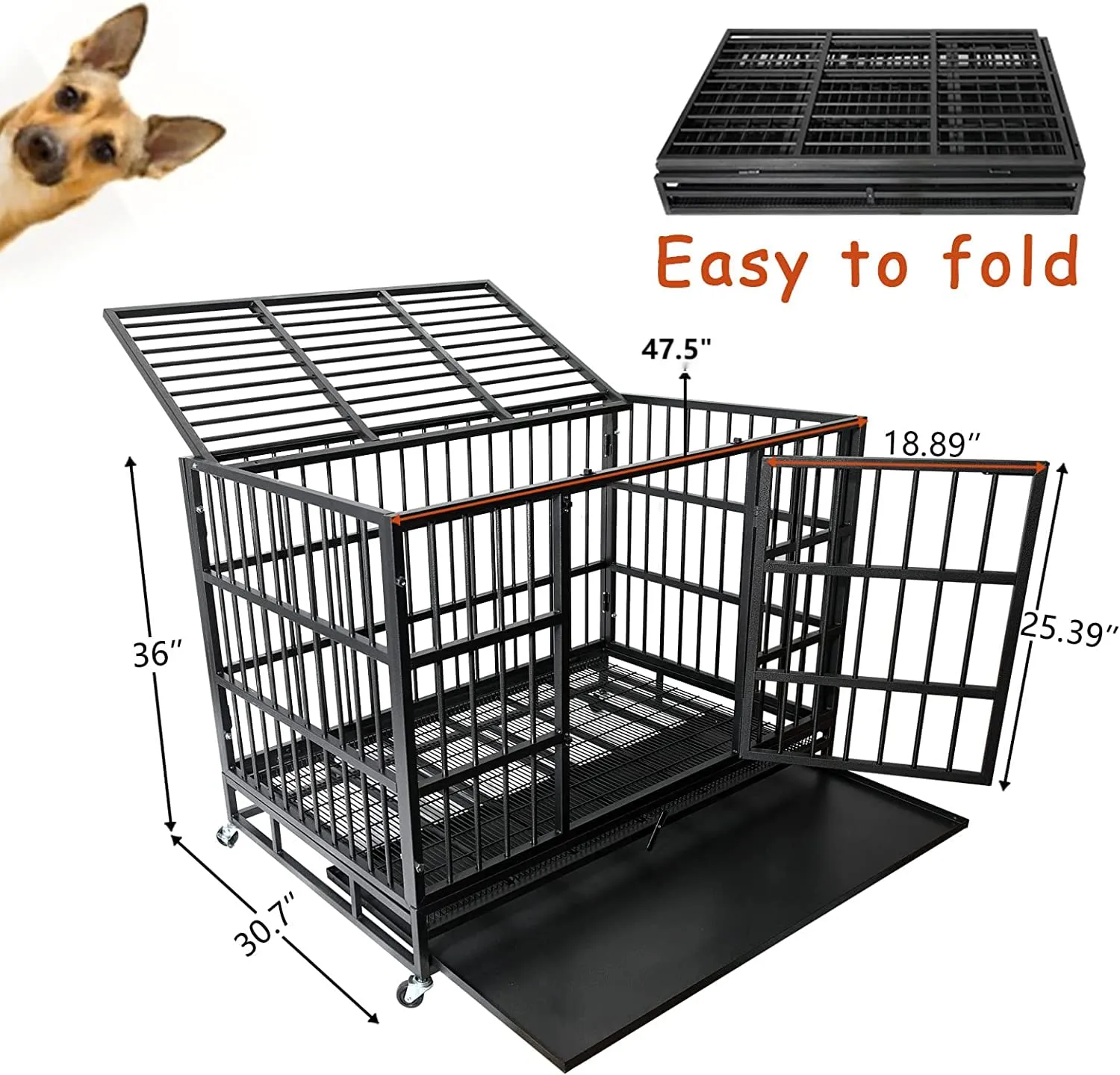 48/38 Inch Heavy Duty Dog Crate Cage Kennel with Wheels, High Anxiety Indestructible, Sturdy Locks Design