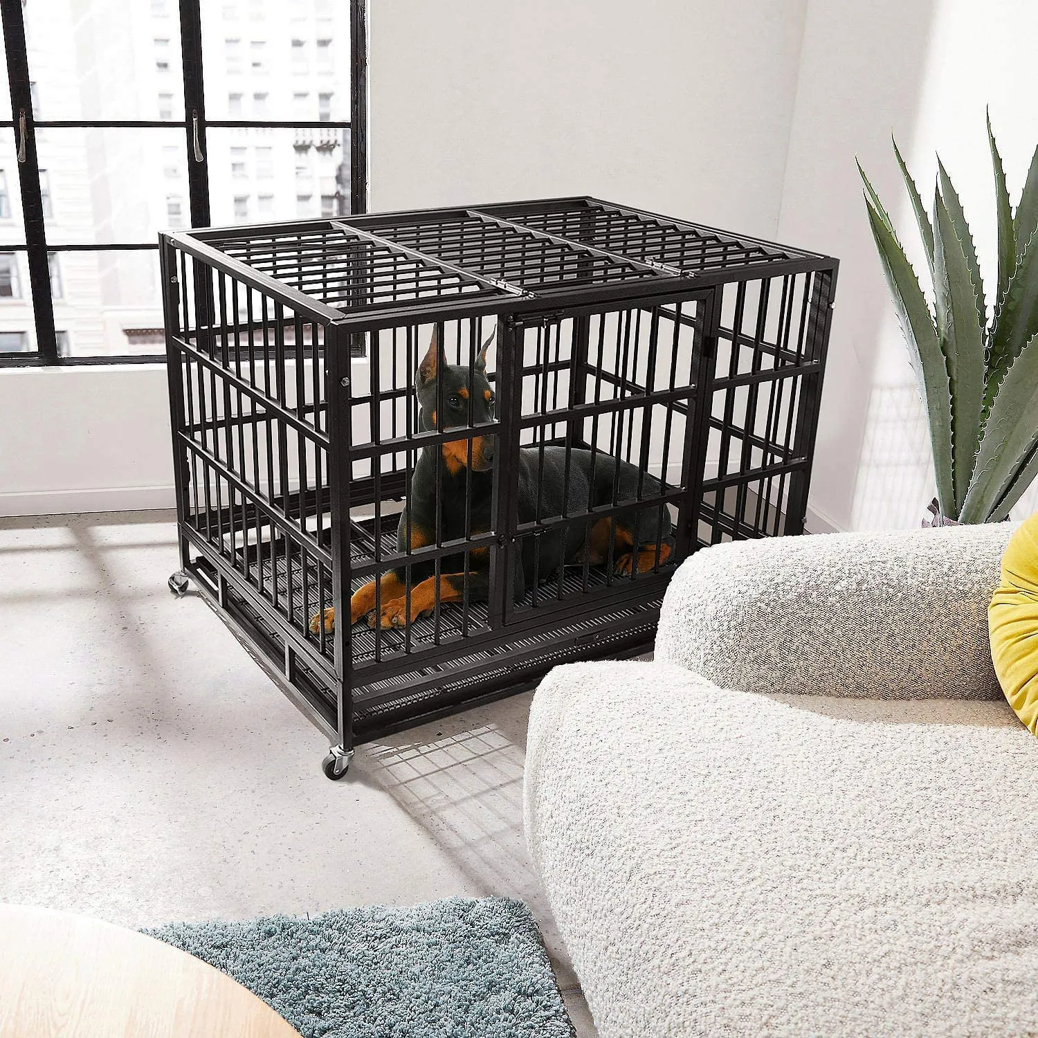 48/38 Inch Heavy Duty Dog Crate Cage Kennel with Wheels, High Anxiety Indestructible, Sturdy Locks Design