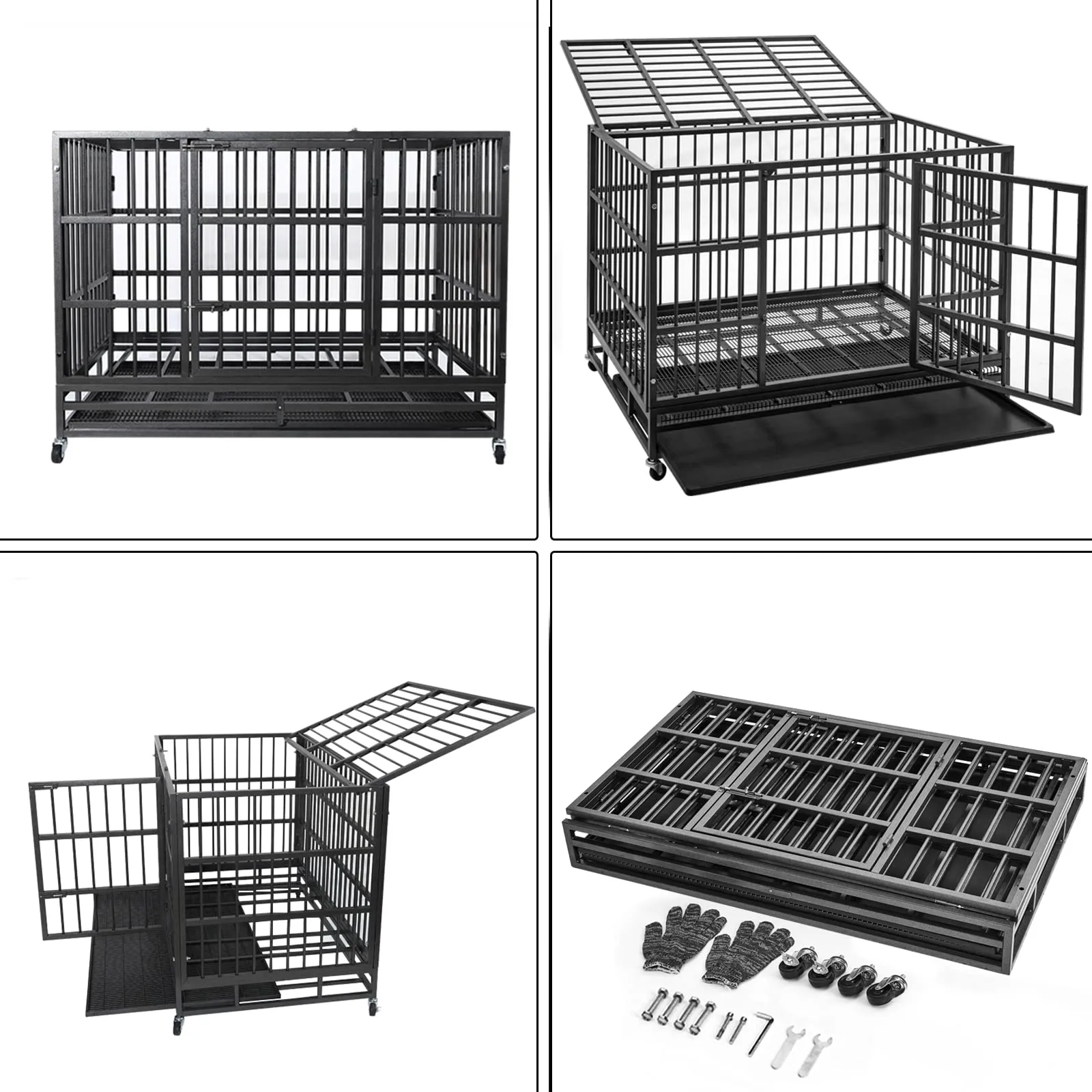 48/38 Inch Heavy Duty Dog Crate Cage Kennel with Wheels, High Anxiety Indestructible, Sturdy Locks Design