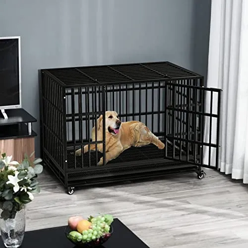 48/38 inch Heavy Duty Indestructible Dog Crate, Escape Proof Dog Cage Kennel with Lockable Wheels