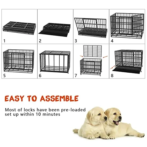 48/38 inch Heavy Duty Indestructible Dog Crate, Escape Proof Dog Cage Kennel with Lockable Wheels