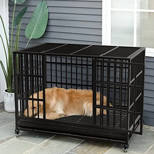 48/38 inch Heavy Duty Indestructible Dog Crate, Escape Proof Dog Cage Kennel with Lockable Wheels