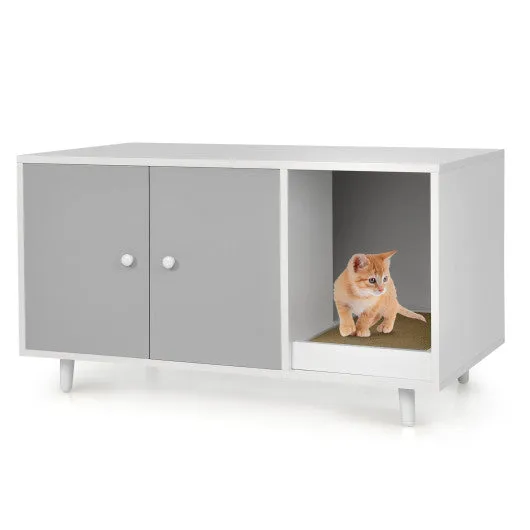 Cat Litter Box Enclosure with Divider and Double Doors-Gray