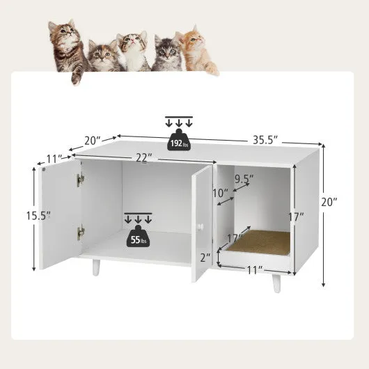 Cat Litter Box Enclosure with Divider and Double Doors-White