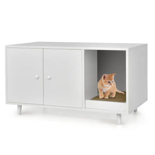 Cat Litter Box Enclosure with Divider and Double Doors-White