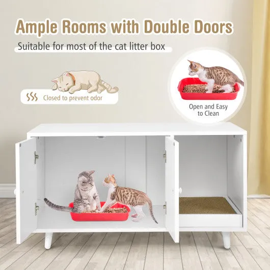 Cat Litter Box Enclosure with Divider and Double Doors-White