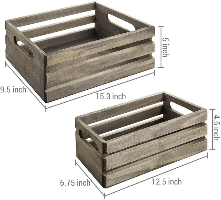 Distressed Brown Wood Nesting Boxes, Storage Crates with Handles, Set of 2