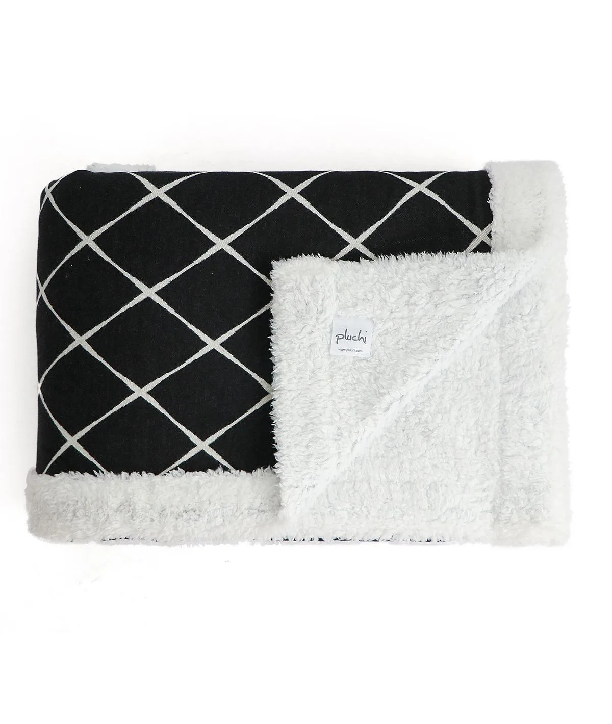 Geo Black & Ivory Cotton Knitted Double Bed Blanket layered with Warm Sherpa Fabric