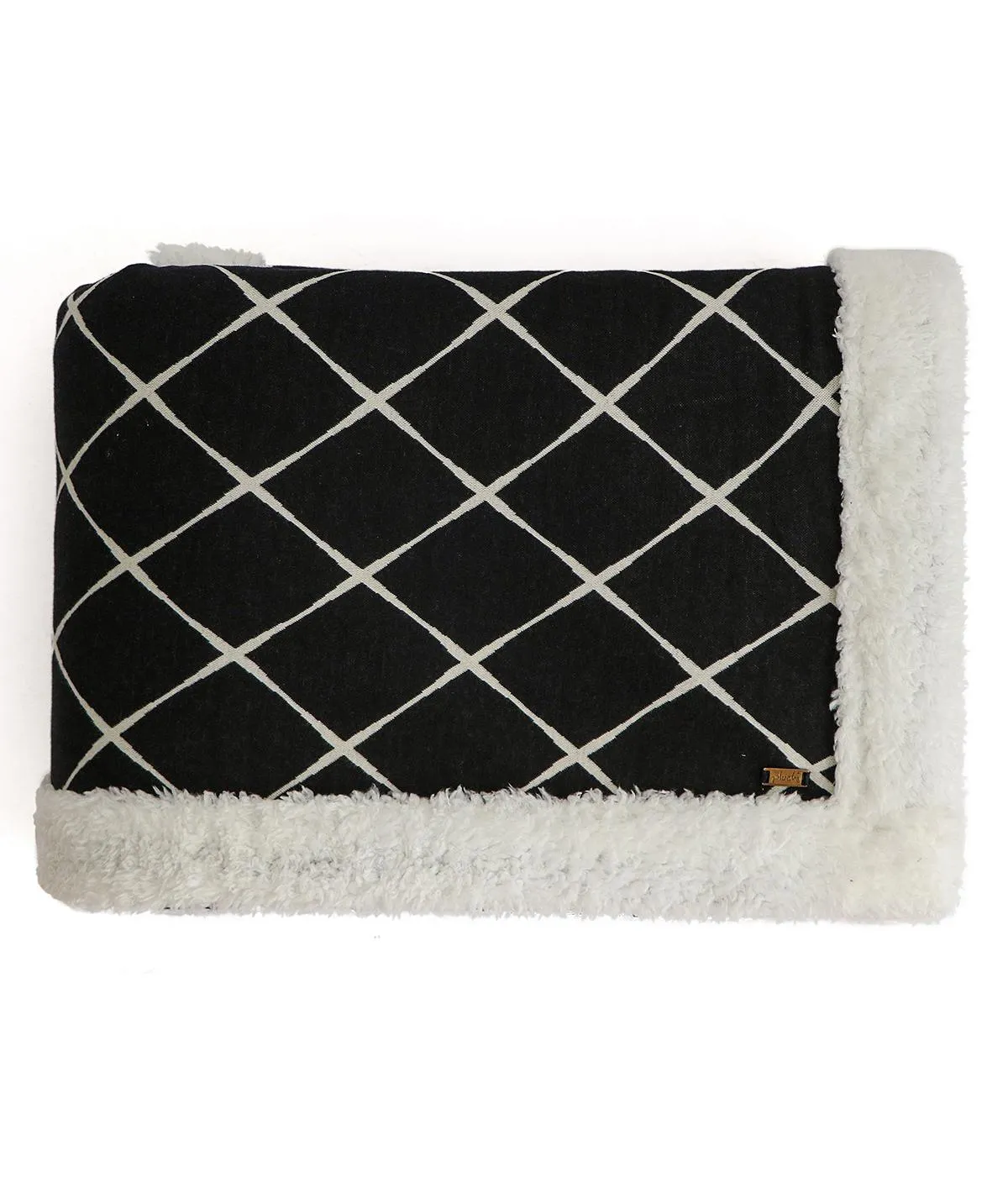 Geo Black & Ivory Cotton Knitted Double Bed Blanket layered with Warm Sherpa Fabric