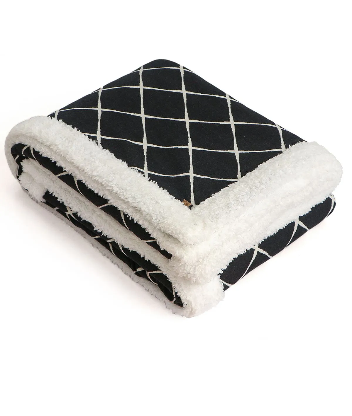 Geo Black & Ivory Cotton Knitted Double Bed Blanket layered with Warm Sherpa Fabric