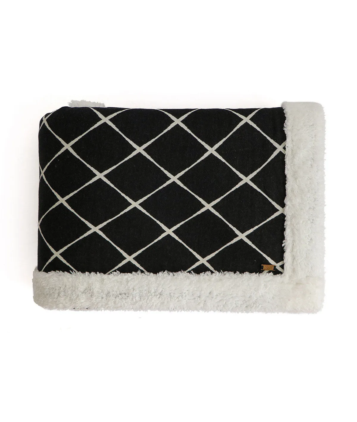 Geo - Black & White Cotton Knitted Single Bed Blanket layered with Warm Sherpa Fabric