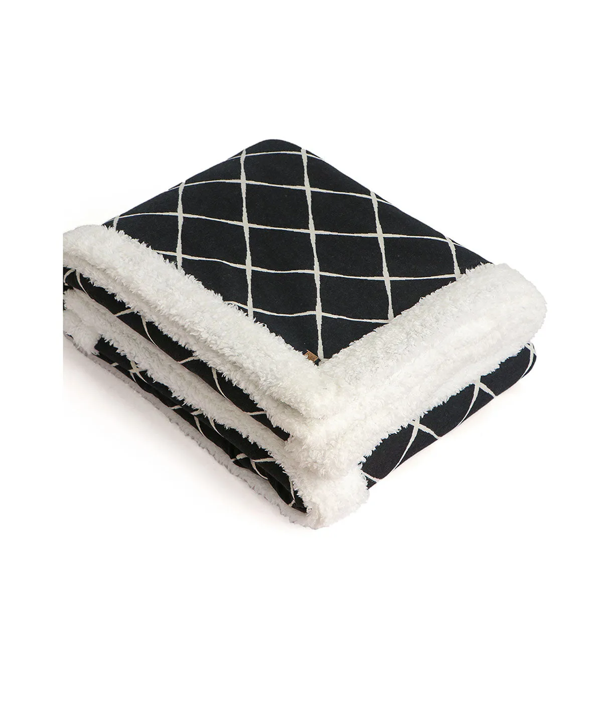 Geo - Black & White Cotton Knitted Single Bed Blanket layered with Warm Sherpa Fabric