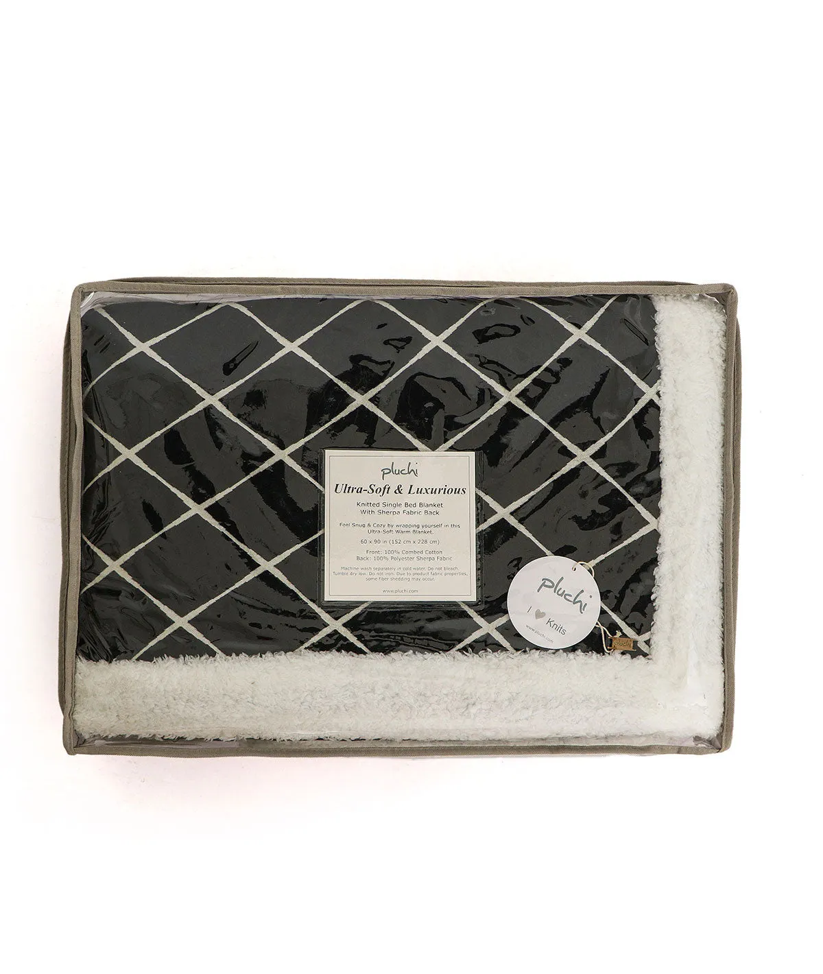 Geo - Black & White Cotton Knitted Single Bed Blanket layered with Warm Sherpa Fabric