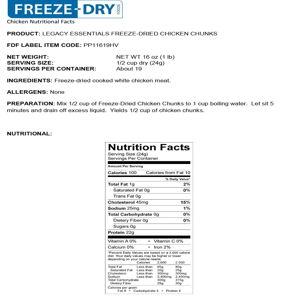 Legacy Premium Food Storage 100% USDA Freeze Dried Chicken Dices