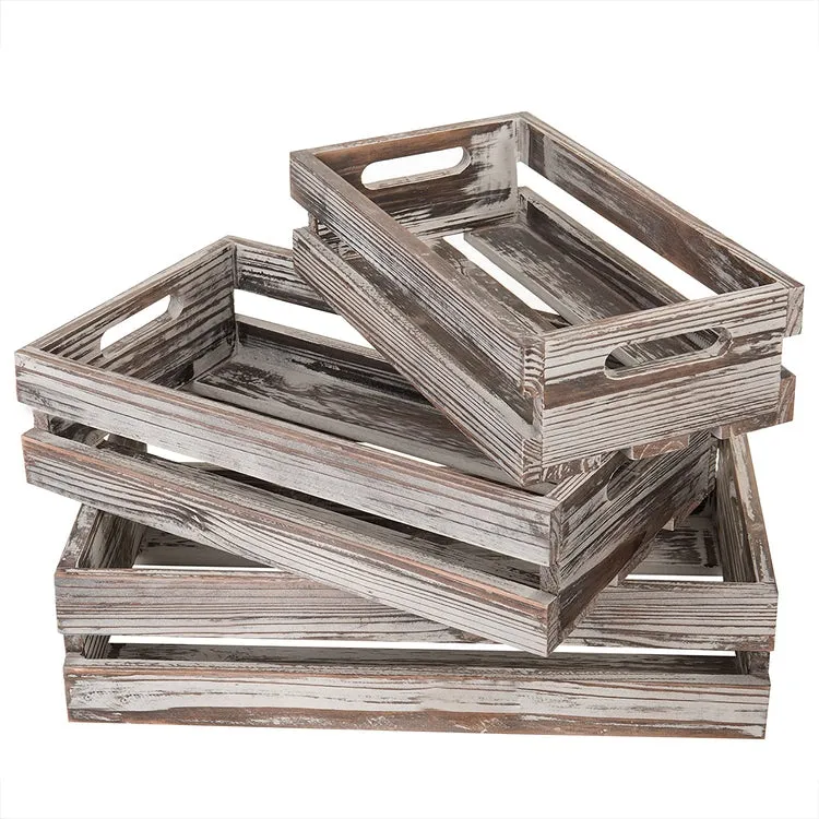 Nesting Torched Wood Storage Crates with Handles, Set of 3