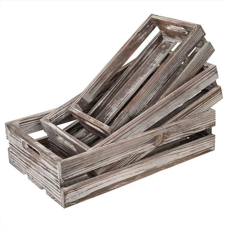 Nesting Torched Wood Storage Crates with Handles, Set of 3