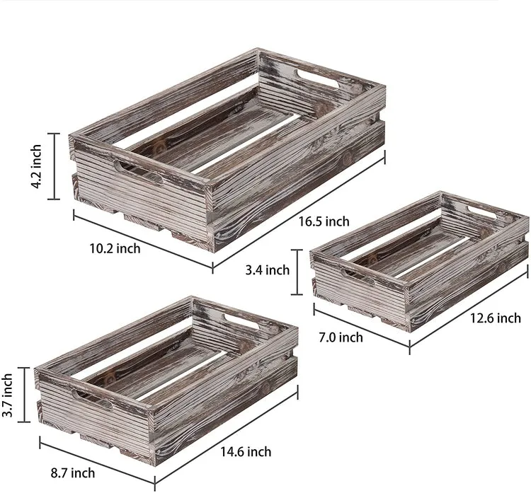 Nesting Torched Wood Storage Crates with Handles, Set of 3