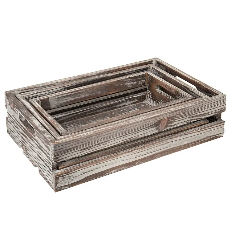 Nesting Torched Wood Storage Crates with Handles, Set of 3