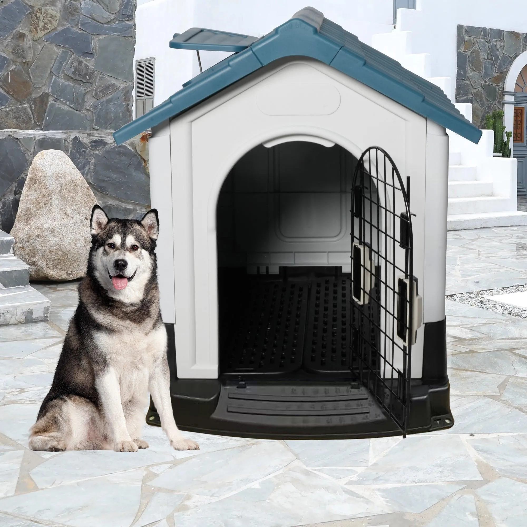 Outdoor Large Dog House Plastic Waterproof Kennel with Air Vents, 42.9"L x 40.5"W x 46.4"H, Blue Roof