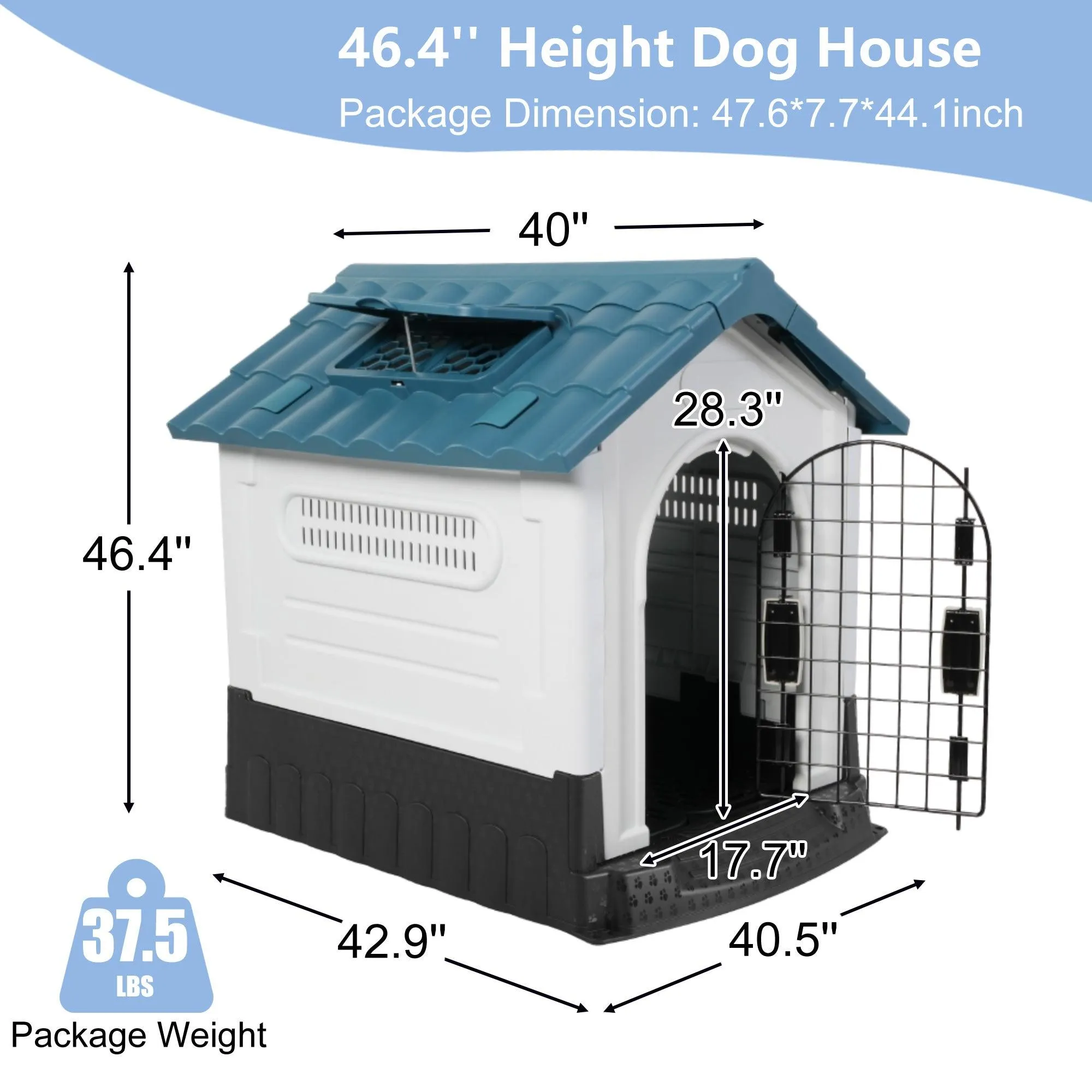 Outdoor Large Dog House Plastic Waterproof Kennel with Air Vents, 42.9"L x 40.5"W x 46.4"H, Blue Roof