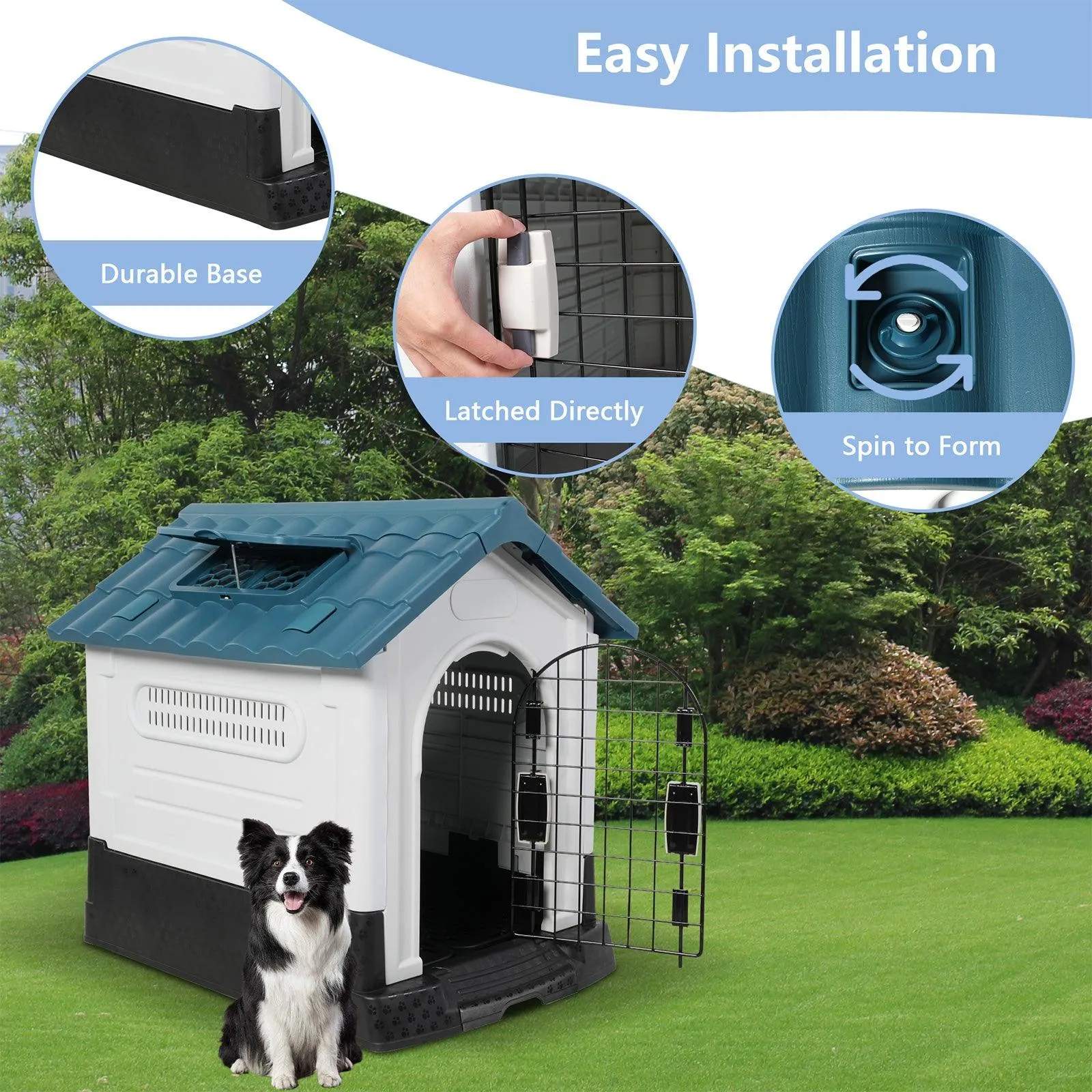 Outdoor Medium Dog House Plastic Waterproof Kennel with Air Vents, 33"L x 27.6"W x 29.9"H, Blue Roof