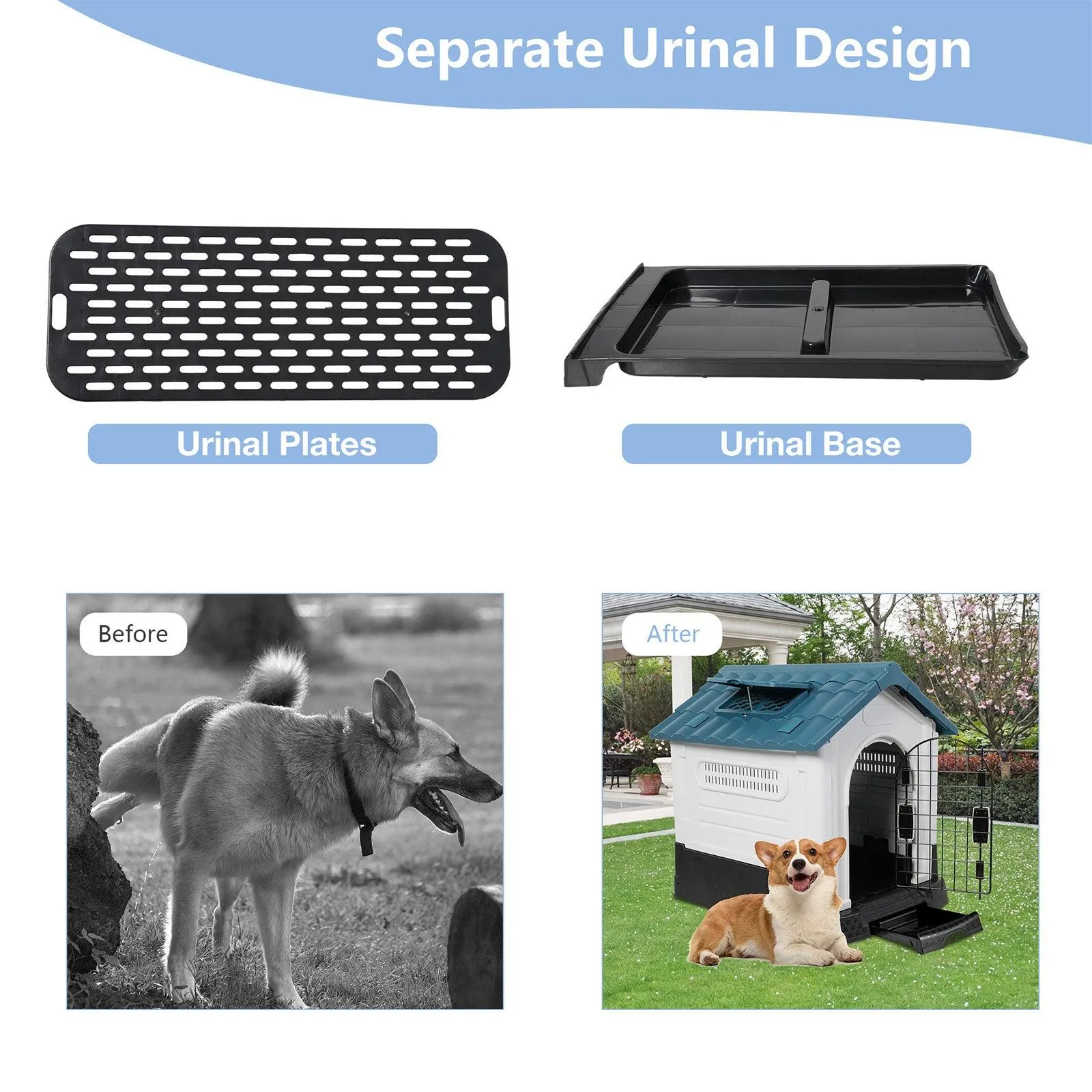 Outdoor Small Dog House Plastic Waterproof Kennel with Air Vents, 23.6"L x 18.9"W x 25.6"H, Blue Roof