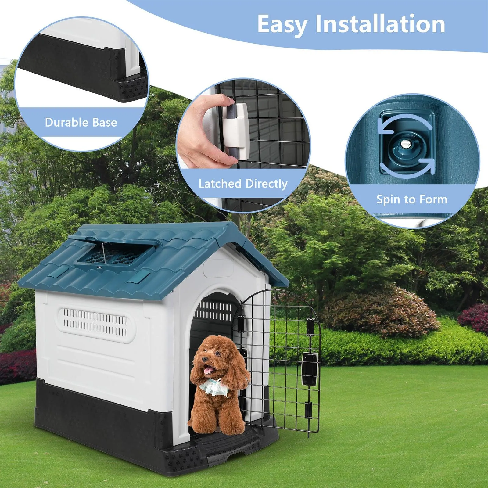 Outdoor Small Dog House Plastic Waterproof Kennel with Air Vents, 23.6"L x 18.9"W x 25.6"H, Blue Roof