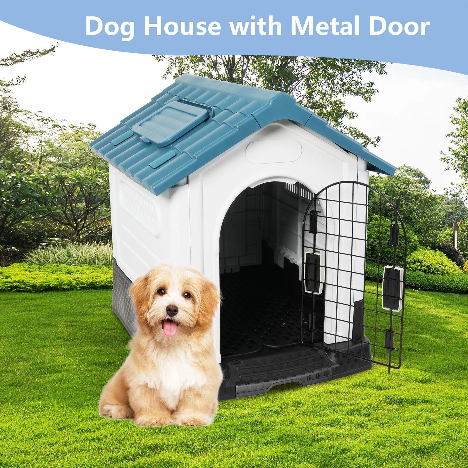 Outdoor Small Dog House Plastic Waterproof Kennel with Air Vents, 23.6"L x 18.9"W x 25.6"H, Blue Roof