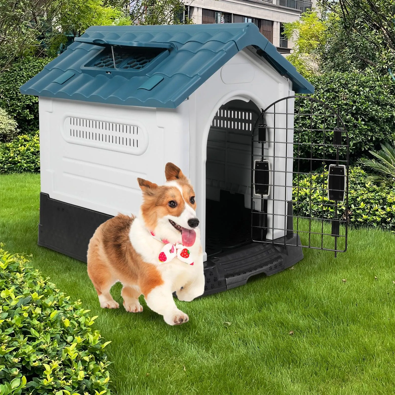 Outdoor Small Dog House Plastic Waterproof Kennel with Air Vents, 23.6"L x 18.9"W x 25.6"H, Blue Roof