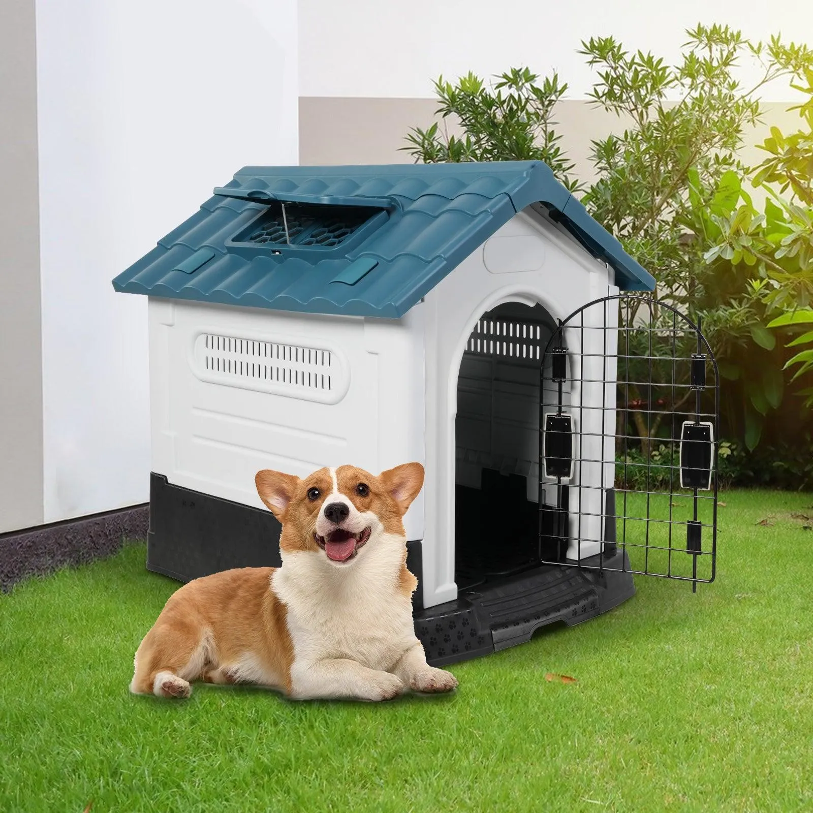 Outdoor Small Dog House Plastic Waterproof Kennel with Air Vents, 23.6"L x 18.9"W x 25.6"H, Blue Roof