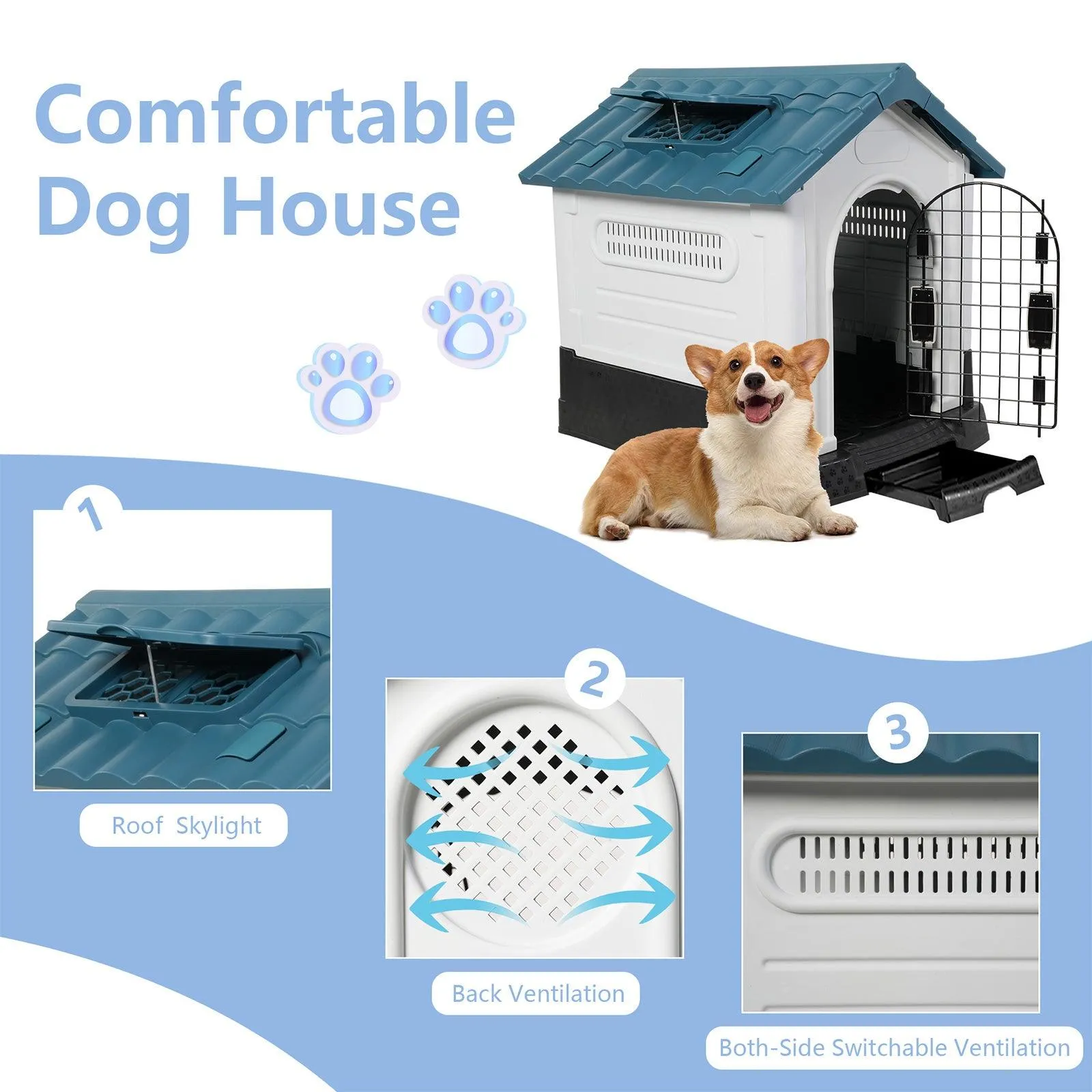 Outdoor Small Dog House Plastic Waterproof Kennel with Air Vents, 23.6"L x 18.9"W x 25.6"H, Blue Roof