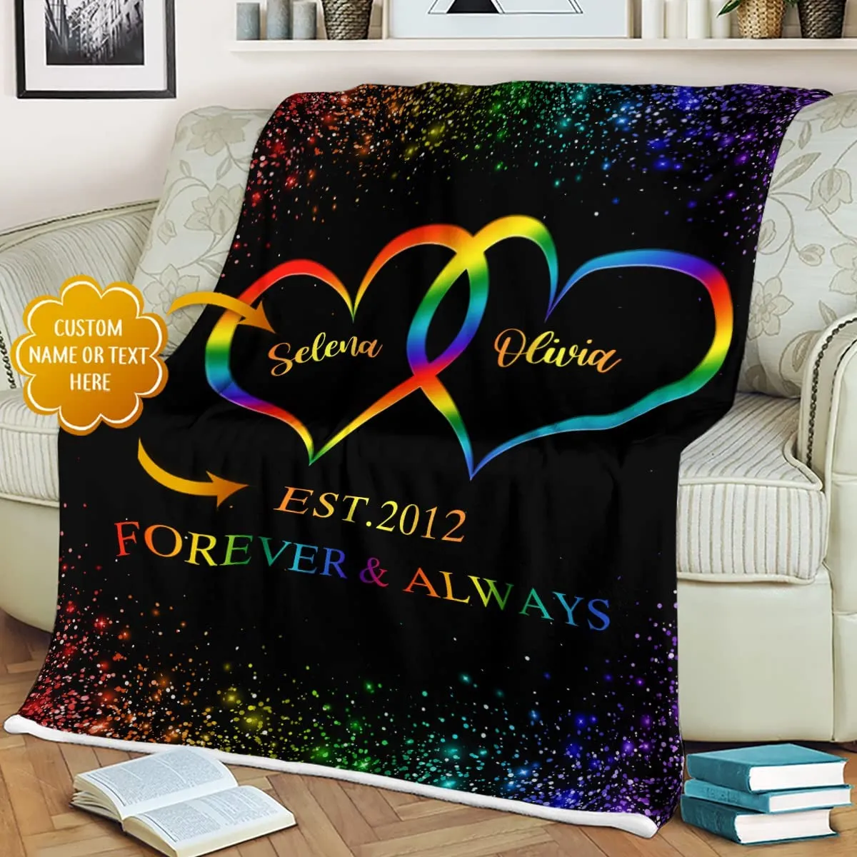 Personalized Lgbt Pride Blanket, Rainbow Heart In Heart Lesbian Gay Transgender Bisexual Blanket