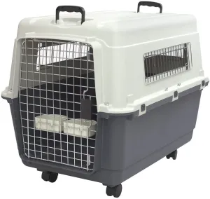 Plastic Kennels Rolling Plastic Wire Door Travel Dog Crate- Large Kennel, Gray