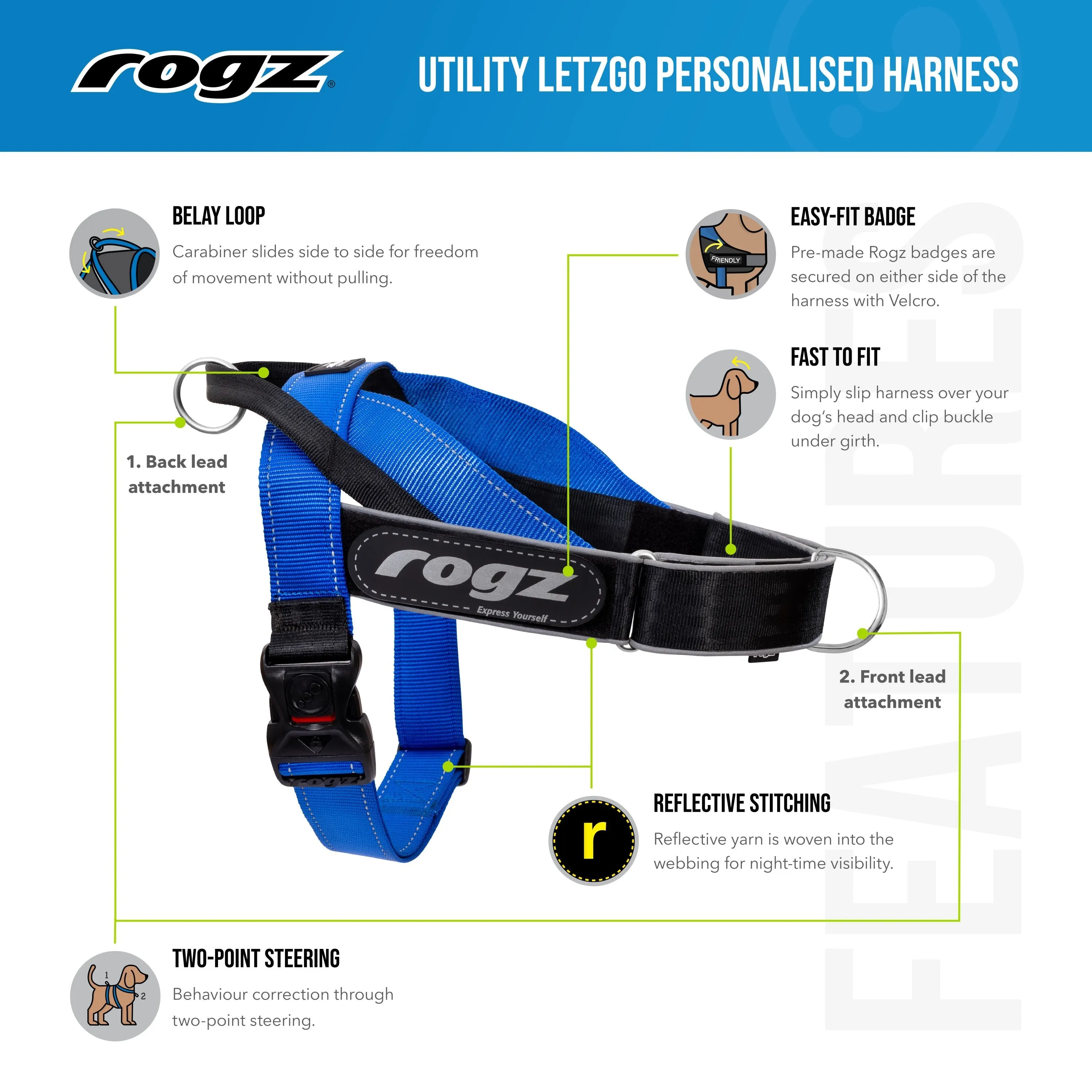 Rogz Utility LetzGo Personalised Harness Blue Lge=^._.^=^^^