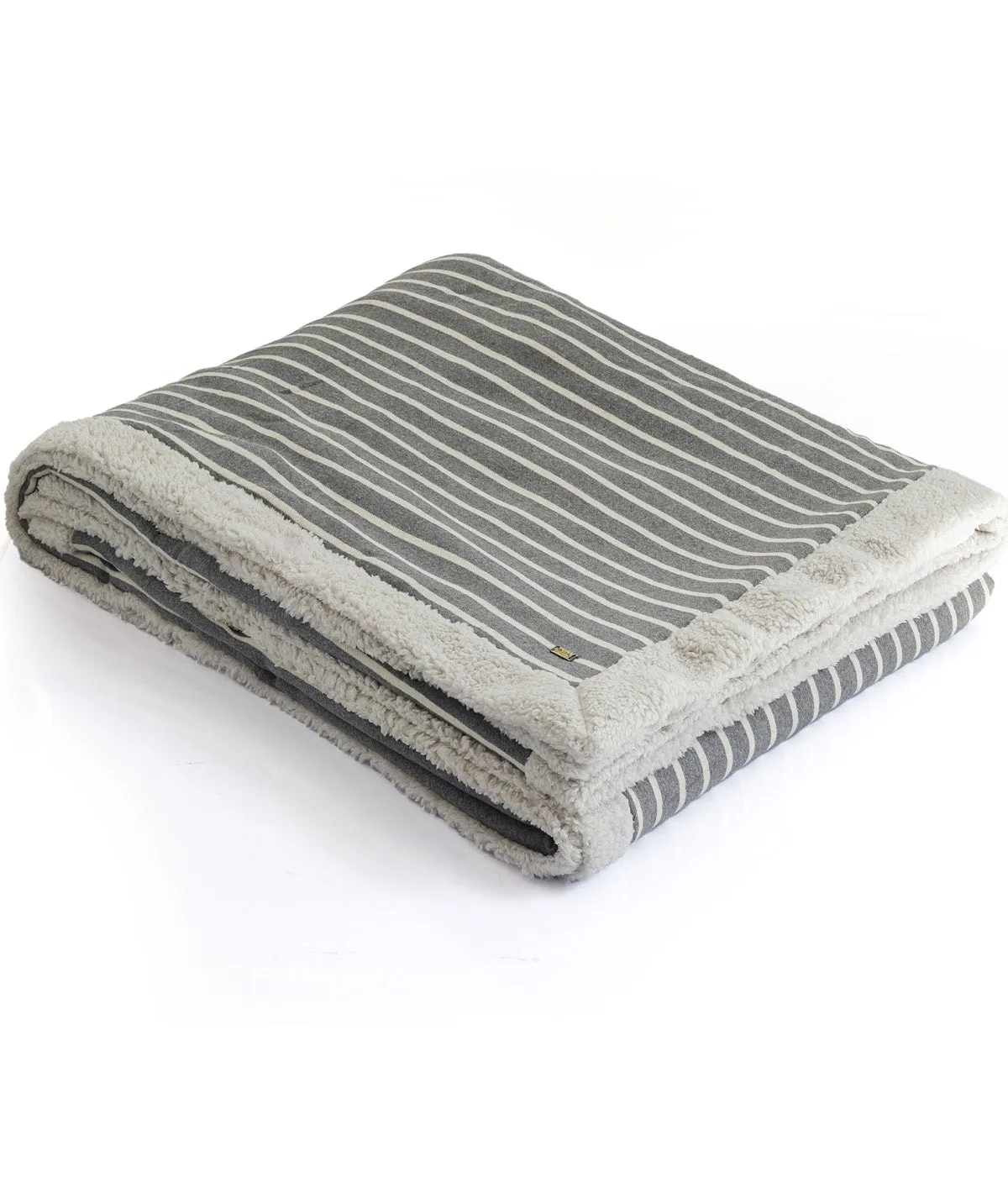 Stripe - Double Bed Front Cotton Knitted with Sherpa Back Blanket with Ivory & Dark Grey