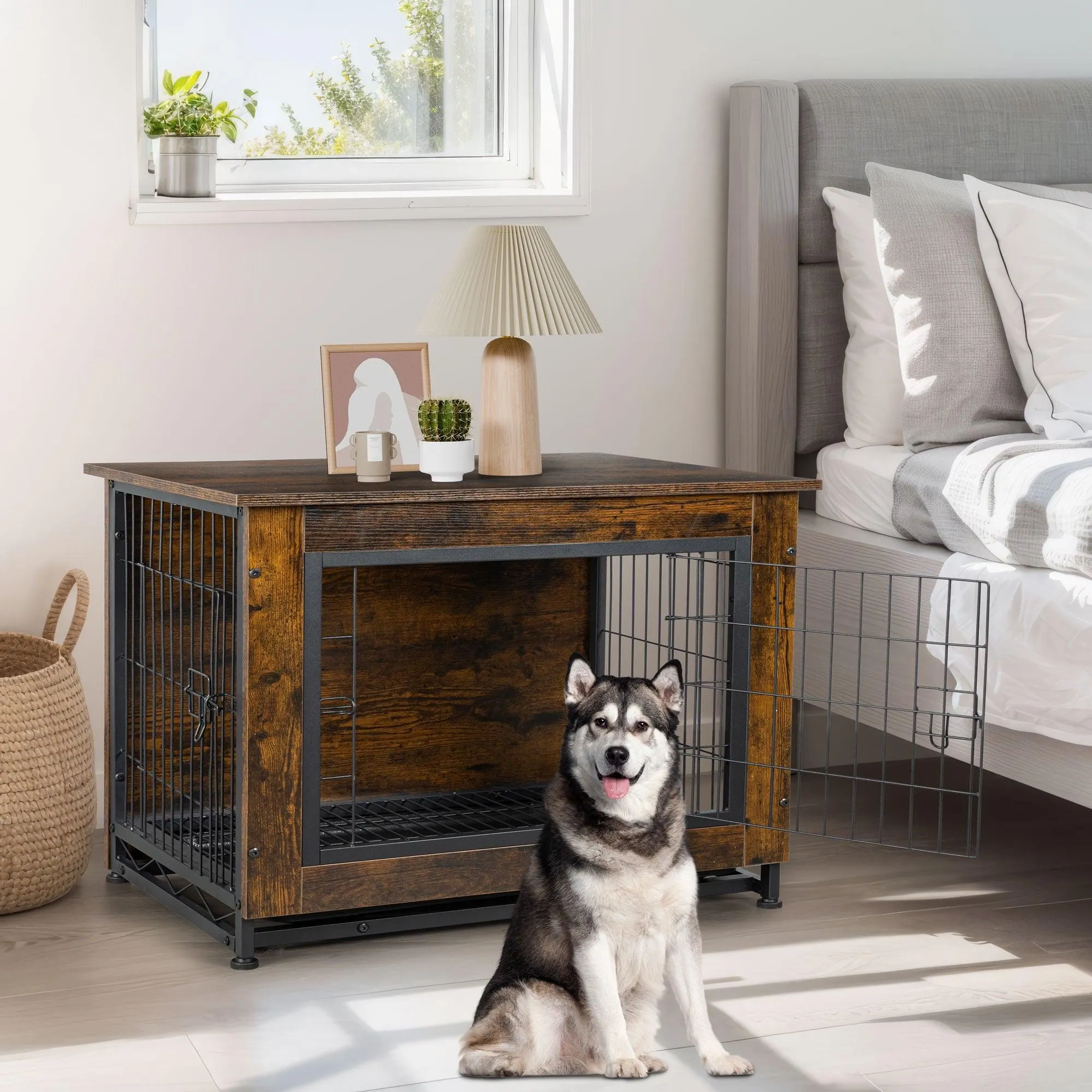 Walsunny Wooden Dog Crate Furniture,Double-Doors Kennel Indoor with Divider and Removable Tray,End Table Dog Crate for Decoration 38.6"L x 25.6"W x 26.8"H，Brown