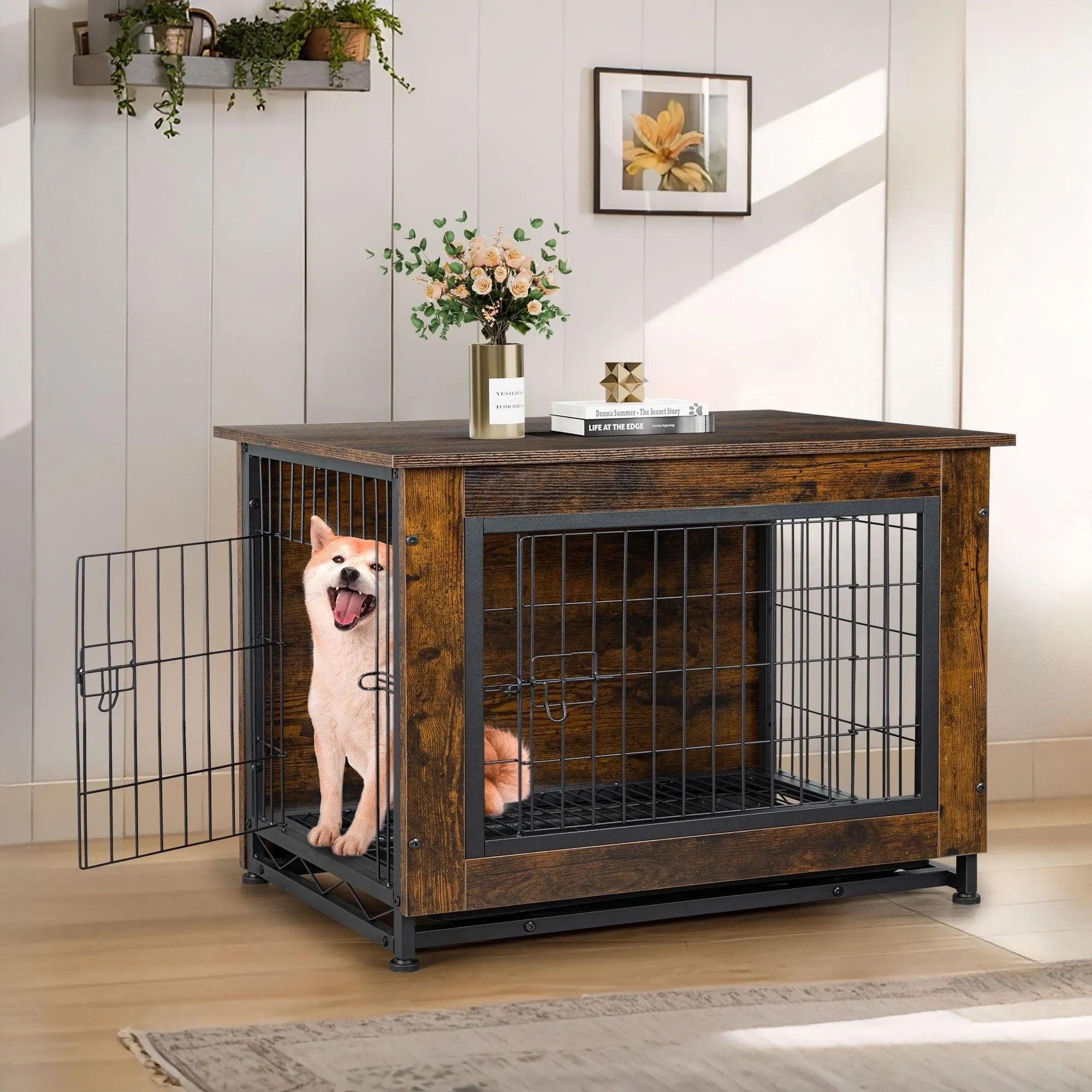 Walsunny Wooden Dog Crate Furniture,Double-Doors Kennel Indoor with Divider and Removable Tray,End Table Dog Crate for Decoration 38.6"L x 25.6"W x 26.8"H，Brown