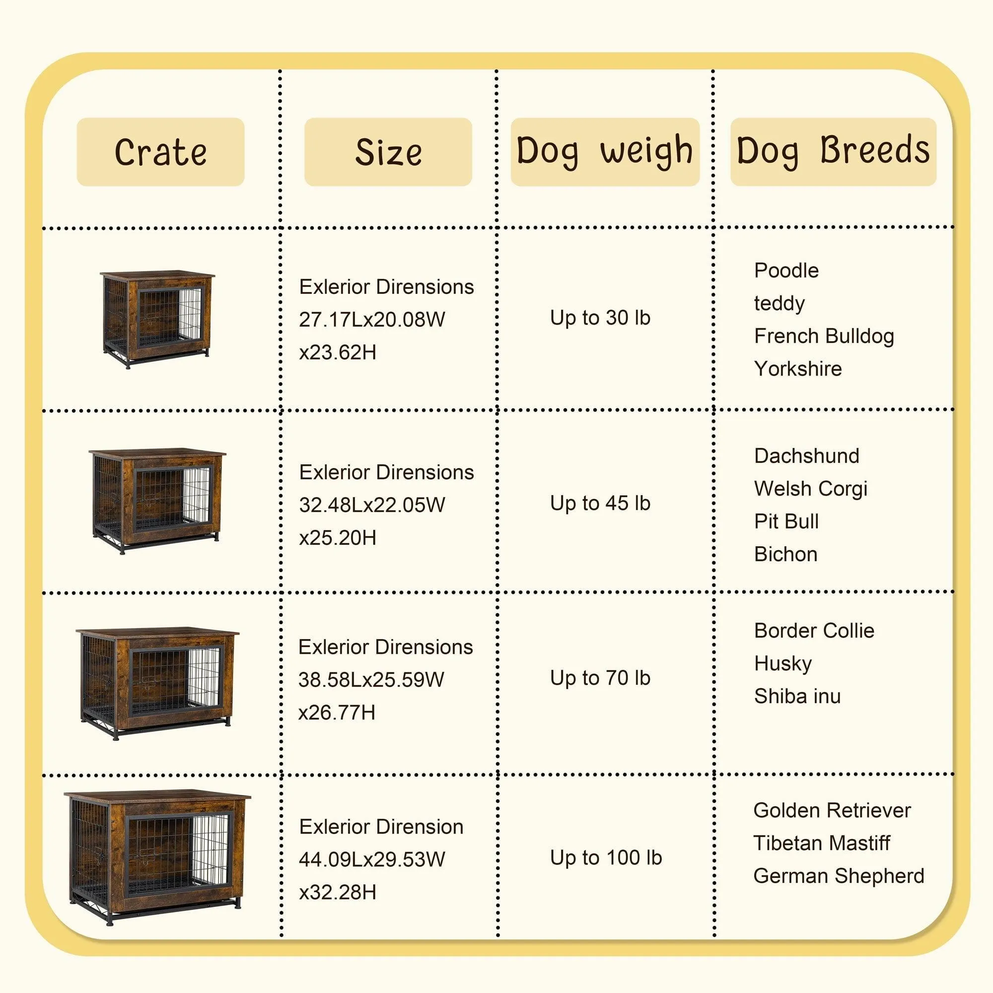 Walsunny Wooden Dog Crate Furniture,Double-Doors Kennel Indoor with Divider and Removable Tray,End Table Dog Crate for Decoration 38.6"L x 25.6"W x 26.8"H，Brown