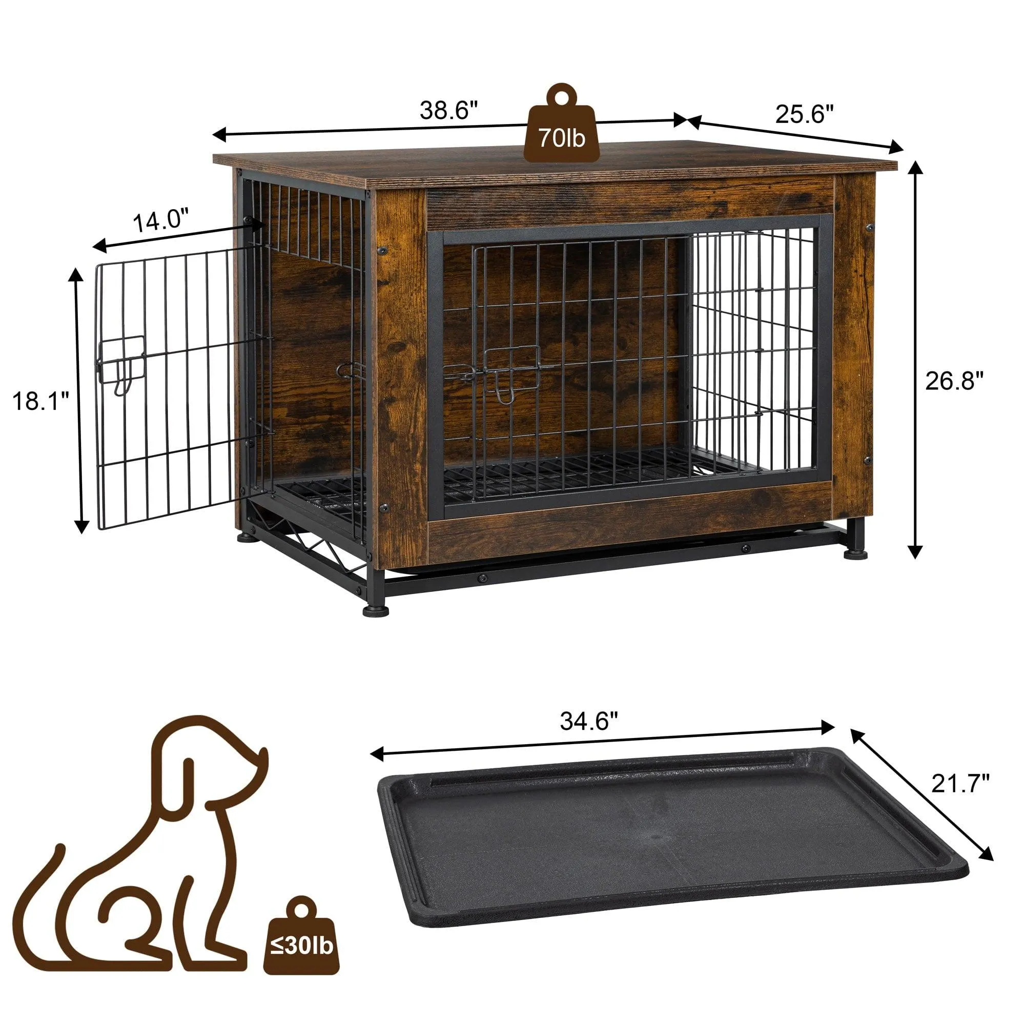 Walsunny Wooden Dog Crate Furniture,Double-Doors Kennel Indoor with Divider and Removable Tray,End Table Dog Crate for Decoration 38.6"L x 25.6"W x 26.8"H，Brown